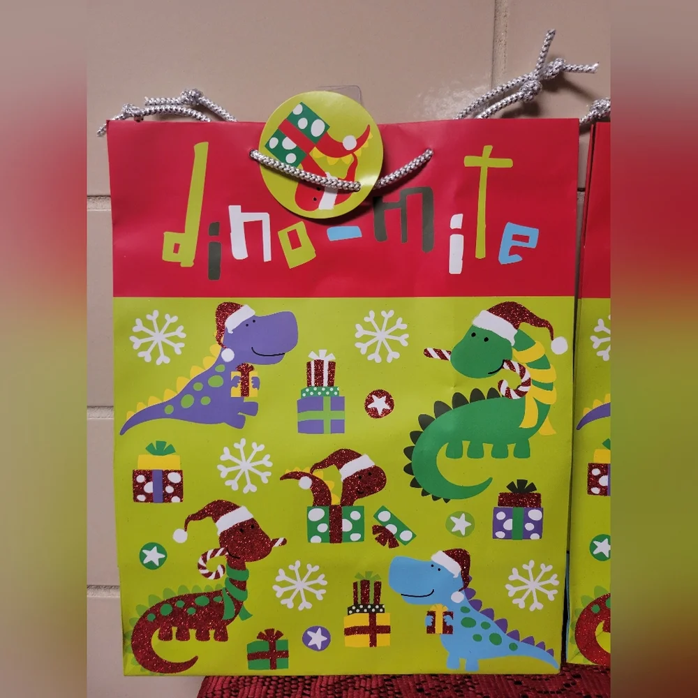 X2 Set NWT Dino-Mite Christmas Gift Bags with Dinosaurs
